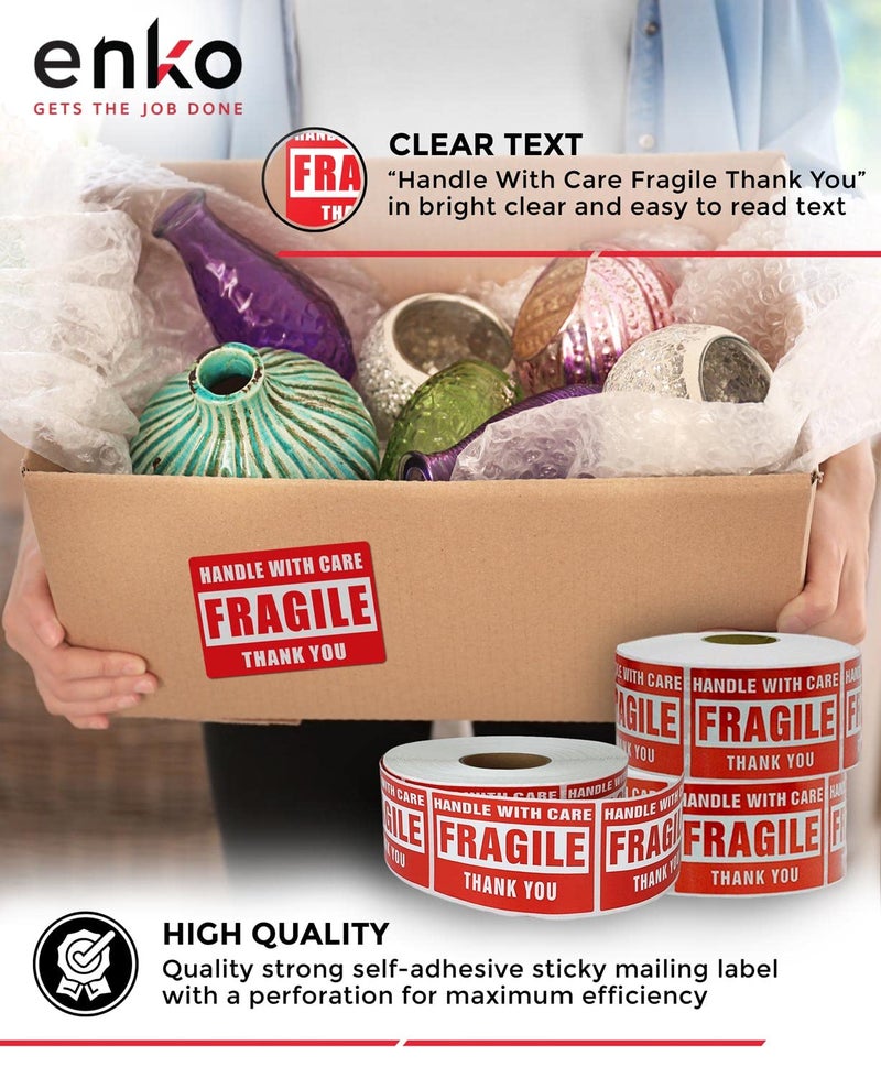 enKo Products enKo - 2 x 3 Inch Fragile Stickers Handle with Care Warning Packing Shipping Label - Permanent Adhesive (10 Roll, 5000 Labels) - Image 3